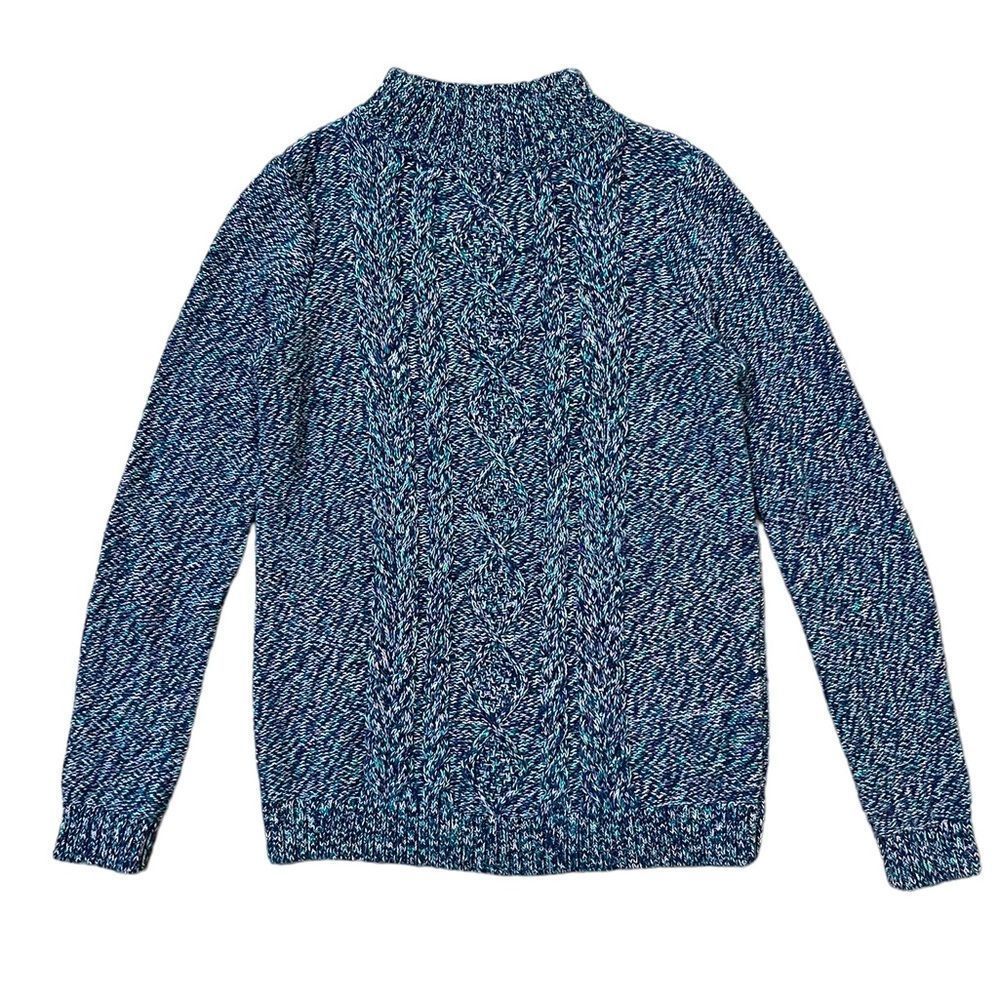 Lands End Marled Cable Knit Mock Neck Pullover Sweater Blue Purple Cotton XS